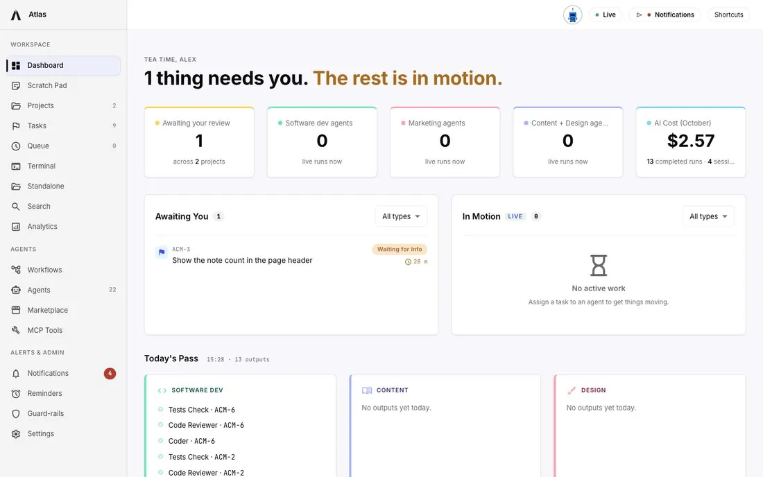 Atlas dashboard: work awaiting review, live agent runs and AI cost