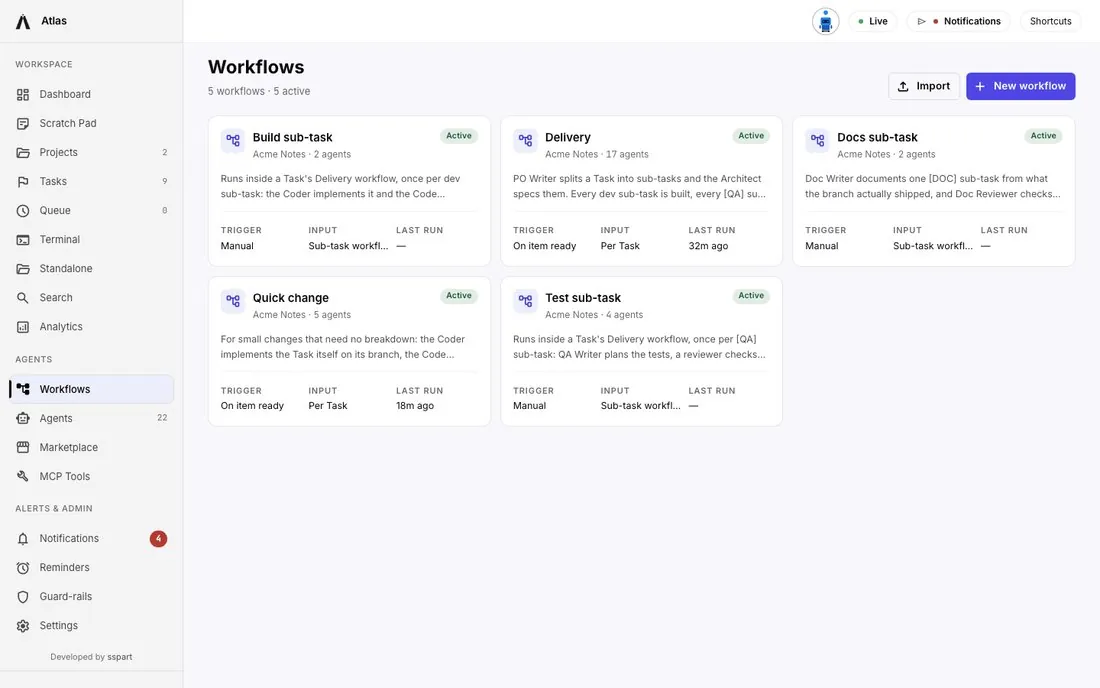 Atlas workflows chaining agents from spec to pull request