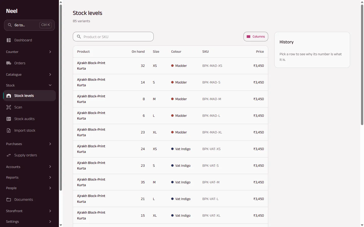 Neel stock levels by size and colour